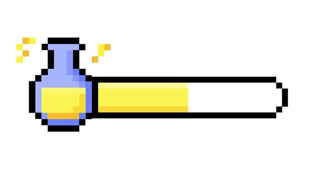 Vibrant pixel art game UI element a glowing yellow potion bottle linked to an energy progress bar for magical adventures
