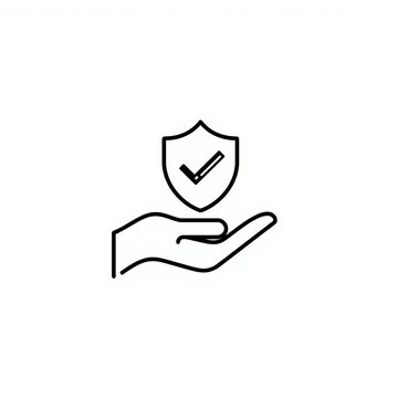 Hand holding shield with checkmark icon line art style on a white background