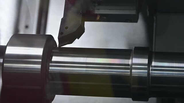 Slow motion video of a high-precision CNC lathe machine performing the finishing process on a metal shaft part.