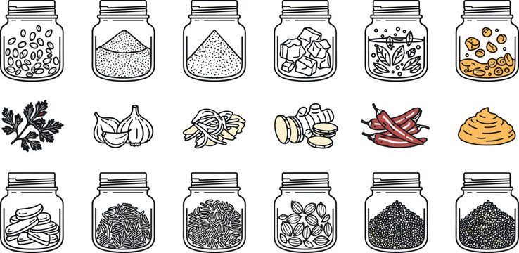 Assorted spice jars and herbs collection with garlic ginger chili seeds powders for kitchen packaging design