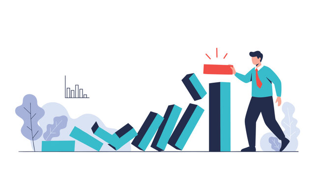Responsible businessman stops falling blocks with red domino representing risk management and crisis prevention art.