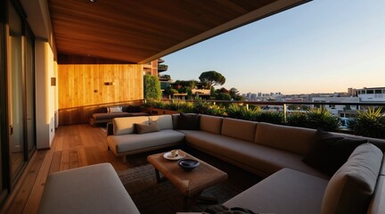 Obraz premium Modern balcony terrace with sectional sofa offers city view at sunset. Upscale penthouse living space with wooden deck features lush plants and comfortable outdoor seating.