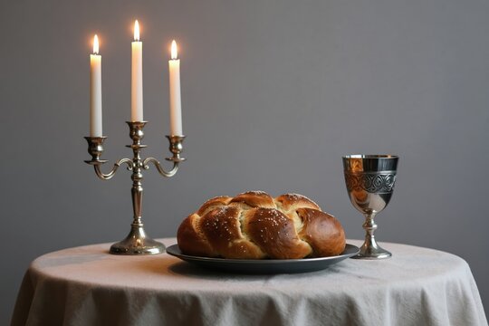 Table set for Jewish Sabbath with challah bread, lit candlesticks and kiddush cup. Observance of religious tradition and family mealtime. Symbol of peace and rest.
