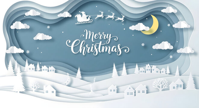 Festive christmas scene with santa's sleigh paper cut style holiday illustration