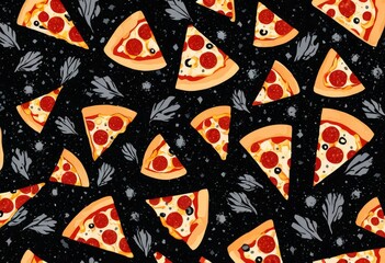 Naklejka premium Seamless pattern of pizza slices scattered on a black background