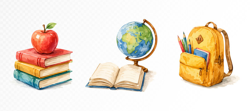Small watercolor school object set with stacked books, apple, globe, open notebook, yellow backpack and classroom study icons. Vector illustration.