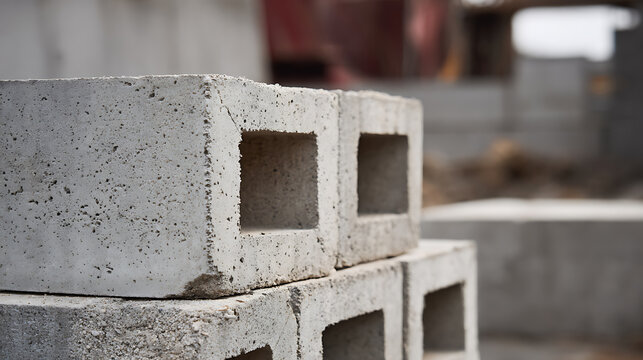 Stack of Concrete Blocks with Hollow Cores for Construction Material on a Building Site with Blurred Background, Ready for Foundation