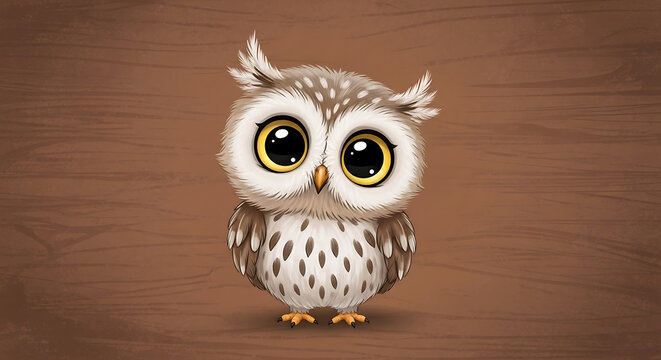 Cute cartoon owl standing and looking forward with big eyes on a yellow background
