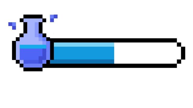 Vibrant pixelated game progress bar depicting a liquid-filled potion flask, ideal for health, magic, or skill level displays