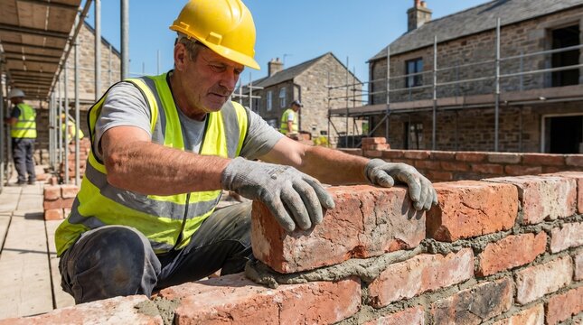 Male construction worker in yellow hard hat and safety vest laying bricks on a building site with scaffolding and residential structures in the background