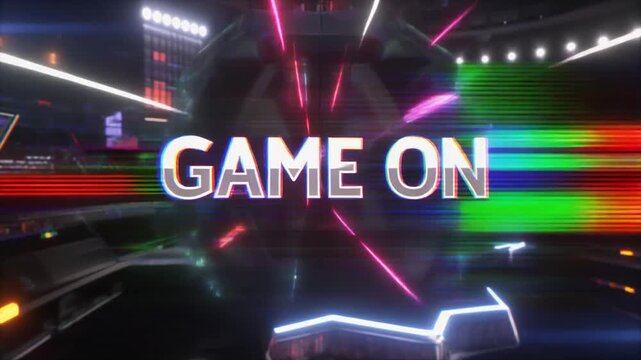 Game On text animation with neon lights, futuristic gaming arena background, vibrant esports motion graphics for streaming and competition