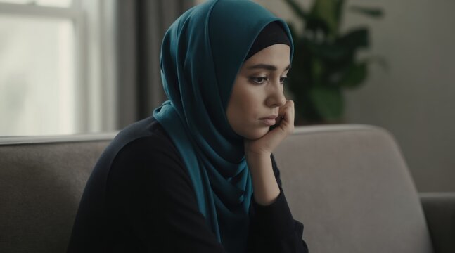 Young muslim woman wears hijab sits indoors looking sad. She rests her chin on her hand, thoughtful, possibly feeling lonely or stressed. Her expression conveys worry or a deep problem.