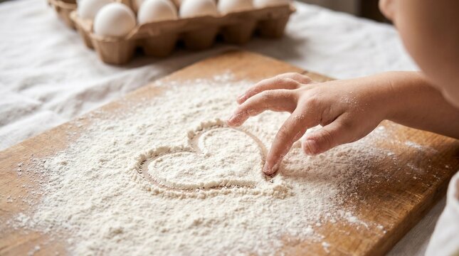 Child drawing heart shape in white flour on wooden board while baking.