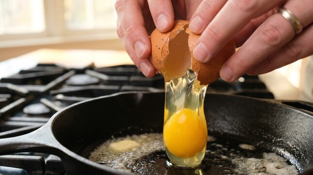 Close up of hands cracking a fresh brown egg into a hot cast iron skillet on a stove.