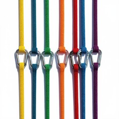 Naklejka premium Seven colorful climbing ropes with carabiners arranged vertically against a white background. Each rope has a unique vibrant hue. Metal snap hooks connect to loops on the cords.