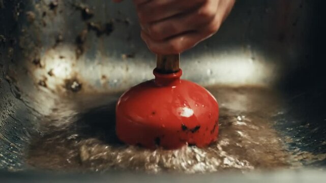 Hand using a red plunger to unclog a dirty sink with murky water.