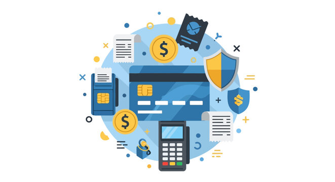 Secure Online Payment and Financial Technology Concept Illustration with Credit Card, POS Terminal, and Security Shield
