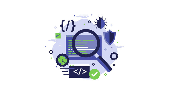 Software Testing and Quality Assurance Concept: Flat Illustration of Debugging, Coding, and Web Development with Magnifying Glass, Bug, and Security Shield Icons.