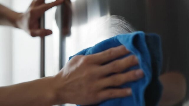 Professional cleaning of glass surface using blue microfiber cloth and white detergent foam in slow motion.