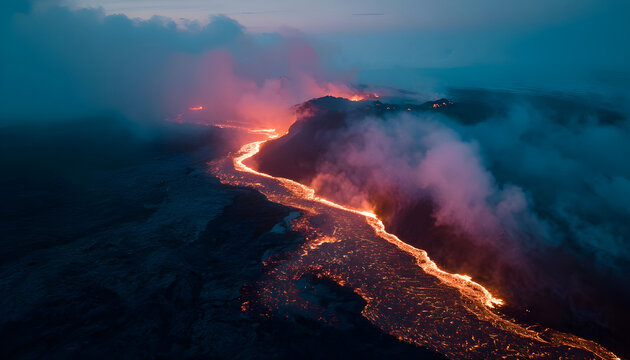Molten lava river flows down volcano, glowing orange channel carves rocky slope, ember shower and smoke plume rise into dusk sky aerial cinematic framing