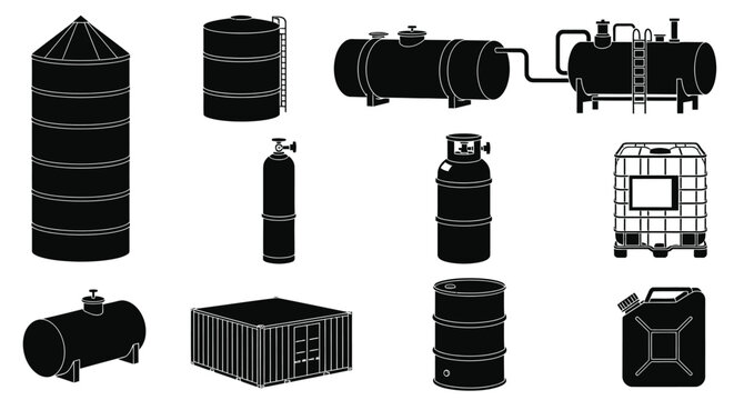 Collection of industrial storage tanks and containers silhouette high quality professional