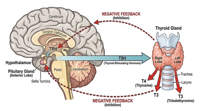 Thyroid and brain connection illustrating negative feedback with thyroid gland