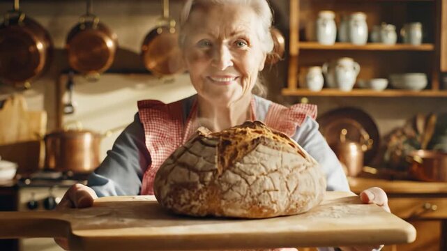 happy senior caucasian woman holding fresh homemade sourdough bread on wooden board. rustic kitchen interior with copper pots. traditional baking concept. bakery, food blog, culinary arts.
