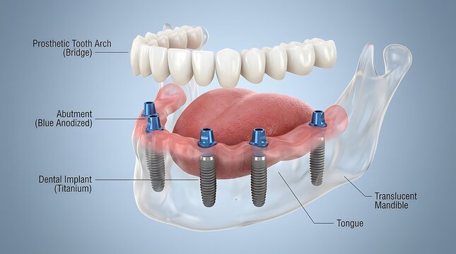Dental implants and prosthetic teeth on mandible and maxilla with mouth part