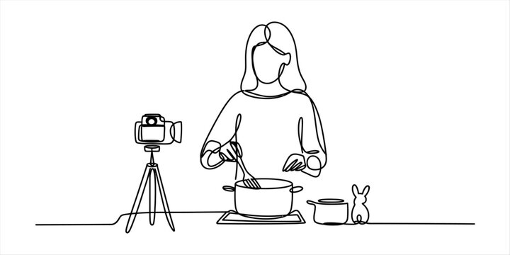 Continuous single line drawing of a woman cooking food in a pot while recording a video for her cooking blog or channel Vector, illustration