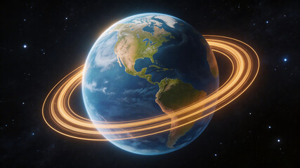 Fototapeta premium Earth with glowing rings in space highlighting environmental conservation and serenity