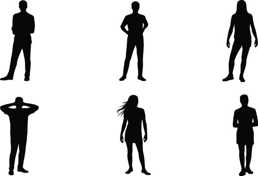People silhouette collection with standing men and women isolated on white background human figure set