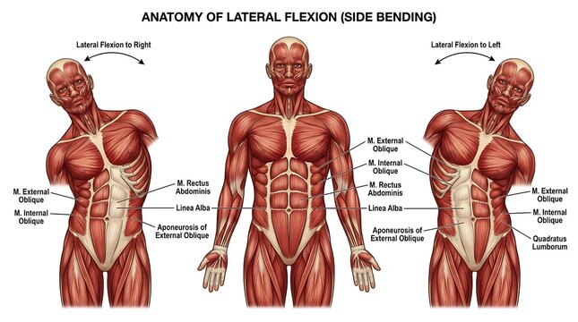 Anatomy of human torso showing lateral flexion of the spine and muscles