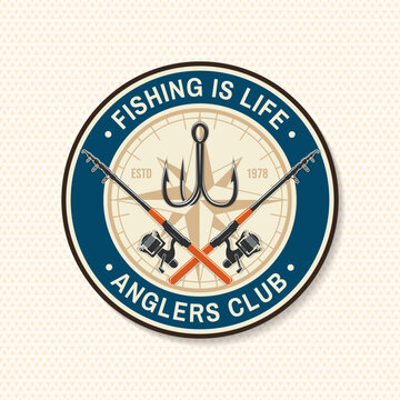 Vintage anglers club emblem vector patch with hooks, crossed rods and retro fishing style. Nautical outdoor badge design for stickers, apparel and sport fishing branding.