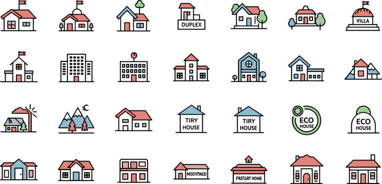 Colorful house and building icon collection with duplex villa eco homes for real estate architecture design projects