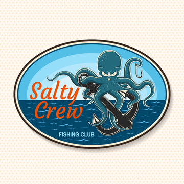 Vintage octopus fishing club patch vector badge with anchor and retro nautical style. Marine adventure emblem illustration for stickers, apparel and ocean branding