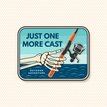 Retro fishing patch vector badge with skeleton hand and fishing rod illustration. Vintage outdoor adventure emblem design for anglers, stickers and apparel.