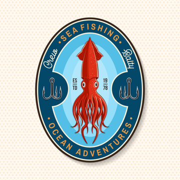 Vintage squid ocean adventures badge vector patch with retro sea fishing and nautical emblem style. Marine outdoor illustration for stickers, apparel and branding