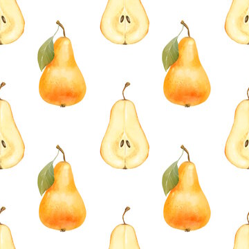Hand-drawn illustration of a seamless pattern with whole and halved yellow pears, and scattered leaves on a white background.