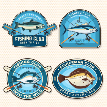 Vintage fishing patch collection with tuna, sea bream and retro marine club badges. Outdoor adventure vector sticker set for apparel, sport fishing and nautical branding.