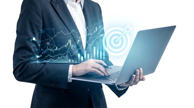Entrepreneur monitoring company performance and profit margins using data visualization tools and futuristic interface on laptop computer