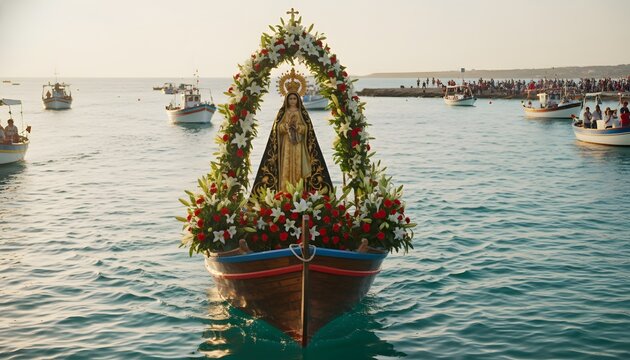 Traditional maritime procession for the Fiesta de la Virgen del Carmen blessing with the Virgin Mary statue on a flower-decorated boat concept at sunset