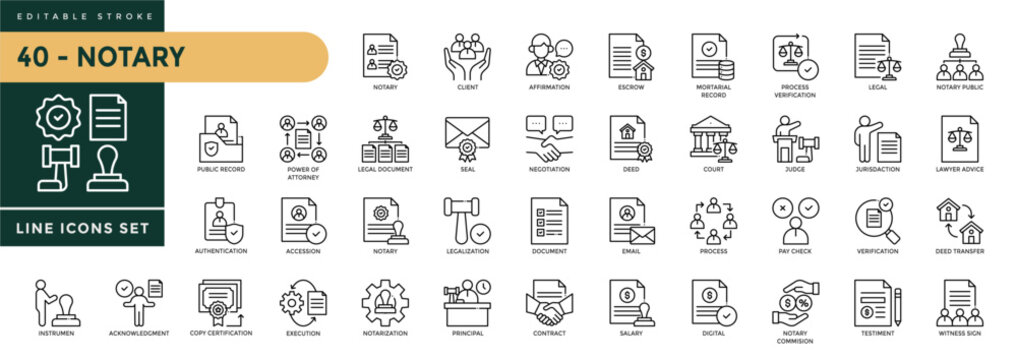A collection of Notary icons set with editable stroke. Thin linear vector illustration. 