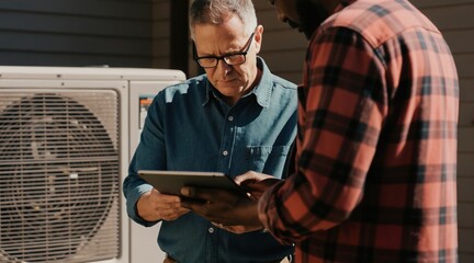 Obraz premium HVAC worker reviews service tablet with homeowner. Technician discusses repair quote for air conditioning unit. Pro consultation on climate control system maintenance.