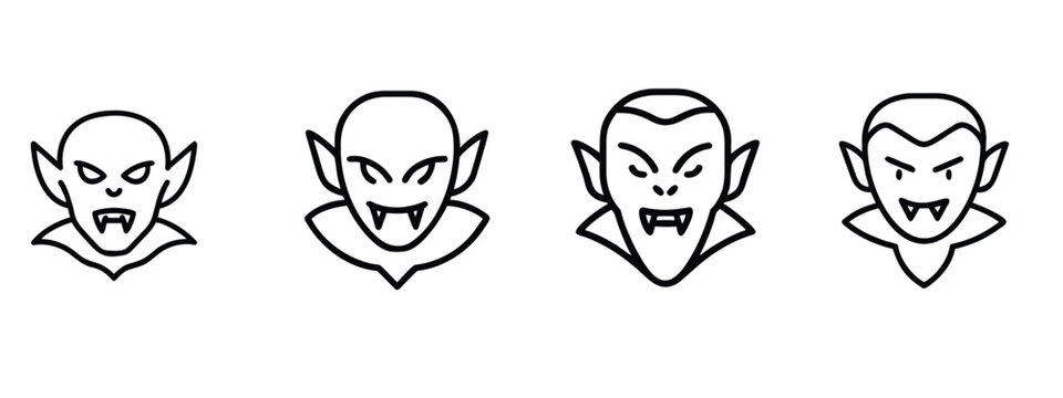 Halloween vampire head web line icons set spooky dracula face scary vampire fangs undead monster head creepy count dracula & more vector illustration with editable stroke