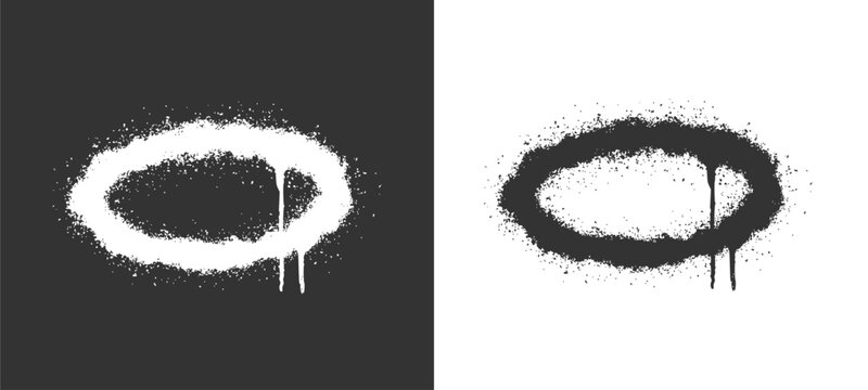 Angel halo ring icon in white hand drawn spray paint graffiti style with drips. Creative urban street art holy symbol for modern streetwear design.