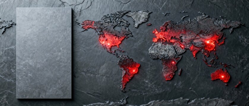 World map with red glowing risk areas on dark stone background, premium commercial stock image with modern composition natural lighting and versatile creative visual for branding advertising so siyam