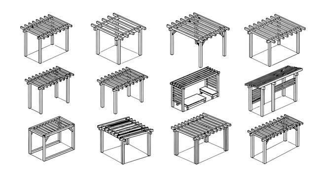 wooden pergola and garden structure architectural drawings showcasing diverse outdoor living options for backyard design.