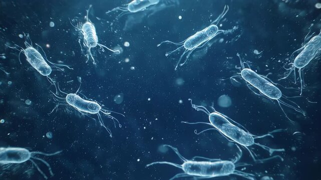 Microscopic View of Bacteria with Flagella on a Blue Background