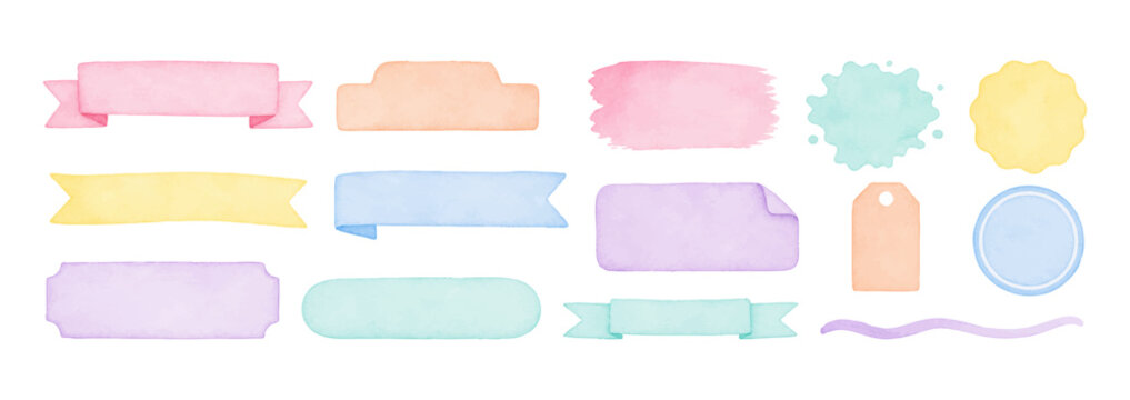 Pastel watercolor label and banner set with ribbons, rounded tags, splash shapes, circles and blank stationery elements in soft candy colors. Vector illustration.