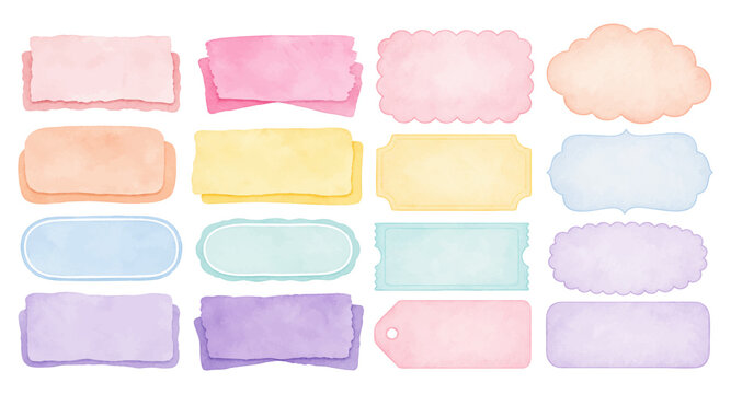 Large pastel watercolor label set with rectangles, ovals, clouds, scalloped frames, tags and blank note elements in soft delicate colors. Vector illustration.